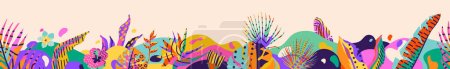 Illustration for Horizontal seamless tropic banner vector background. Summer panorama frame with textured palm leaves, flowers. Graphic design in simple trend modern style. Bright color. - Royalty Free Image