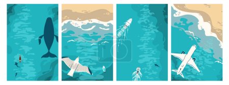 Illustration for Ocean waves, coastline top aerial view vector background set. Beach, sand, sea shore with blue waves, foam. Top view above seaside with boats, airplane, whale and shark. Summer travel. - Royalty Free Image