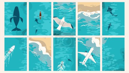 Téléchargez les illustrations : Vagues de mer, littoral vue aérienne ensemble de fond vectoriel. Plage, sable, rivage océanique avec vagues bleues, mousse. Vue de dessus du bord de mer avec bateaux, avions, baleines et requins. Voyage d'été. - en licence libre de droit
