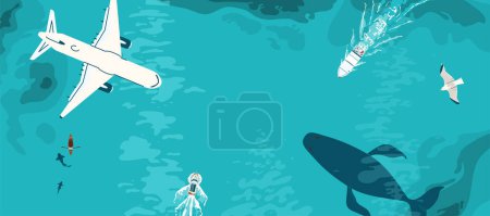 Ilustración de Superficie azul del mar desde arriba fondo banner ilustración vectorial. Vista superior sobre el océano con barcos, avión, ballena y tiburón, gaviota, espacio de copia en el centro. - Imagen libre de derechos