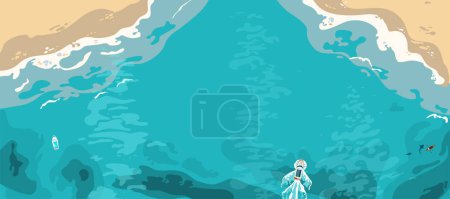 Illustration for Ocean waves, coastline top aerial view vector illustration background. Beach, sand, sea shore, blue waves, foam. Top view above seaside with boats, shark, copy space at the centre. - Royalty Free Image