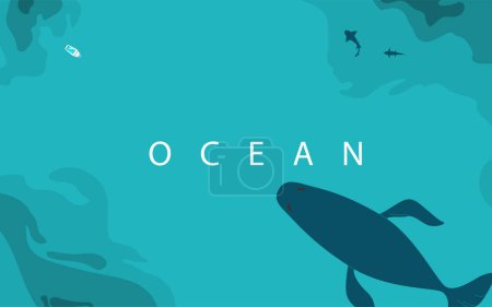 Illustration for Ocean background, top aerial view vector illustration. Water waves surface pattern with whale, sharks, boat, copy space at the centre. Sea summer travel design. - Royalty Free Image