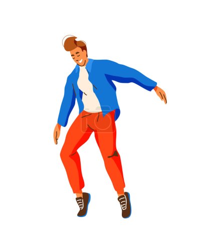 Illustration for Man dance hip hop vector illustration. Handsome male dancer in balance fingertip foot pose. Youth lifestyle design. Isolated on white background. - Royalty Free Image
