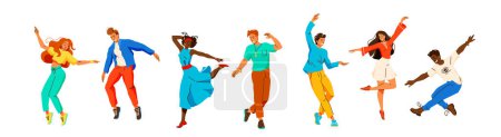 Illustration for People dance to music vector illustration set. Young diverse man and woman dancing contemp, hip hop, break. Dancers in modern flat style neon color style isolated on white background. - Royalty Free Image