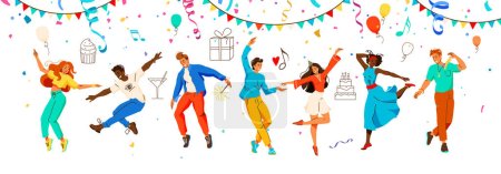 People celebrate vector background. Happy women and men celebrating birthday with confetti, balloons, party hats, cake. Holiday celebration concept. Party concept. Flat modern color illustration.