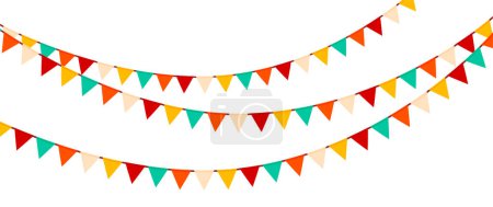 Illustration for Festive flag garlands vector illustration. Triangle buntings in simple flat style, isolated on white background. Carnival, birthday, circus, anniversary party design decoration. - Royalty Free Image