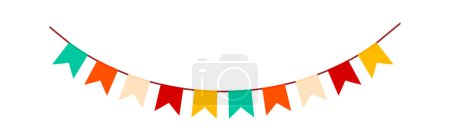 Illustration for Festive flag garland vector illustration. Retro bunting in simple flat style, isolated on white background. Carnival, birthday, circus border decoration. - Royalty Free Image