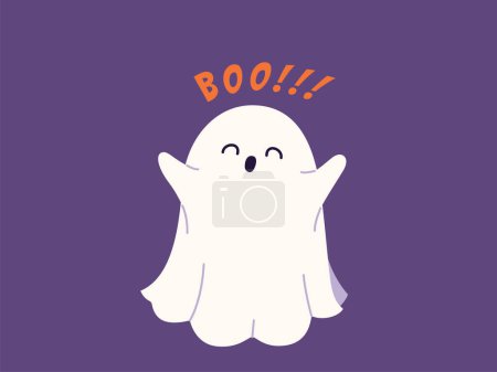 Illustration for Cute halloween ghost vector illustration. Childish scary boo character for kids. Magic spirit with emotion, face expression, say boo. Halloween flat modern design isolated on dark background. - Royalty Free Image