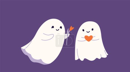 Illustration for Cute halloween ghost vector illustration. Childish scary boo characters for kids. One ghost gives the other flower, fall in love. Magic spirits with emotion, face expression. - Royalty Free Image