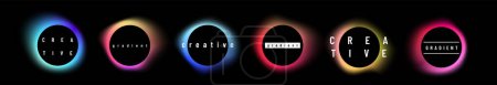 Illustration for Round gradient vector background set. Circle light banners with gradient isolated on black backdrop. Liquid neon buttons. Abstract fluid wave shapes with black circle frame at the center. - Royalty Free Image