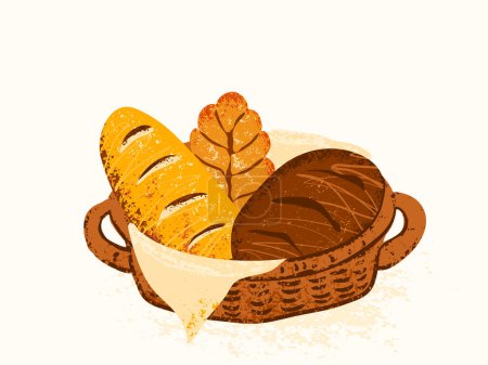 Ilustración de Cesta de mimbre llena de centeno y pan de trigo vector ilustración. Pan de panadería en estilo texturizado moderno, aislado sobre fondo blanco. - Imagen libre de derechos