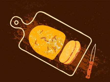 Illustration for Sliced wheat bread on the cutting board vector illustration. Fresh baked bread and knife in modern textured style. Isolated on dark background. - Royalty Free Image