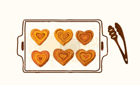Illustration for Buns in the shape of heart on baking tray with bakery tongs. Vector illustration. Isolated on white background. Sweet puffs in modern textured style. - Royalty Free Image