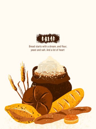 Illustration for Bread poster background vector illustration with bakery products and fresh pastries. Baguette, bag of wheat flour, bun graphic design template with textured effect in modern flat style. - Royalty Free Image
