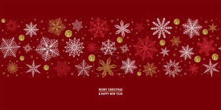 Illustration for Merry Christmas, Happy New Year vector illustration. Winter dark red greeting seamless border background with snowflakes in modern line style, glitter dots. Falling snow design. - Royalty Free Image