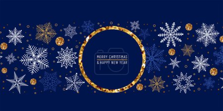 Ilustración de Feliz Navidad, Feliz año nuevo vector ilustración. Fondo de saludo azul oscuro de invierno con marco de círculo dorado en el centro, copos de nieve en estilo de línea moderna, puntos de brillo. Diseño de nieve cayendo. - Imagen libre de derechos