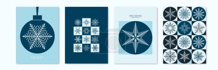 Illustration for Merry Christmas, Happy New Year vector illustration. Modern Xmas background with typography and modern beautiful simple geometric snowflakes. Minimal cover, poster, social media design template. - Royalty Free Image