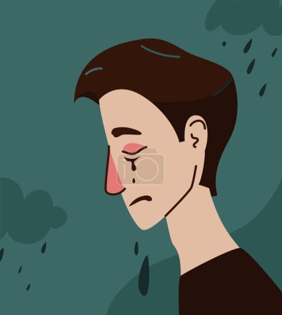 Illustration for Sorrow vector illustration. Upset young man crying while rain from clouds in background over blue background. Male with closed red eyes and nose, tears from the eyes flow down the face. - Royalty Free Image