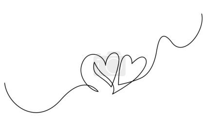 Illustration for Two hearts in simple one line style. Love background in continuous line drawing. Black and white linear minimal vector illustration. Valentines day banner, wedding card. - Royalty Free Image