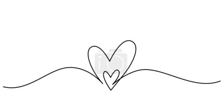 Illustration for Two hearts in simple one line style. Love background in continuous line drawing. Black and white linear minimal vector illustration. Valentines day banner, wedding card. - Royalty Free Image