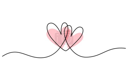 Illustration for Two hearts in simple one line style and color shape love signs. Love background in continuous line drawing. Black and white linear minimal vector illustration. Valentines day banner, wedding card. - Royalty Free Image