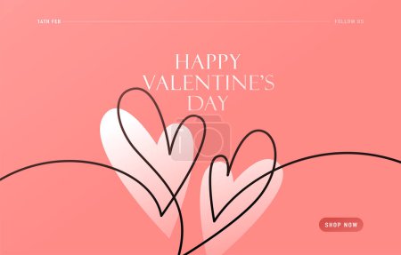 Illustration for Happy valentines day, love vector background. Minimal romantic sale design with two hearts continuous one line, simple shape, greeting text. Heart couple in modern line art style. Online shop template - Royalty Free Image