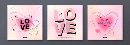 Illustration for Love vector background. Modern card template with gradient heart shape, simple trend line element, wavy greeting text happy Valentines day. Minimal blur y2k design for romantic pattern. - Royalty Free Image