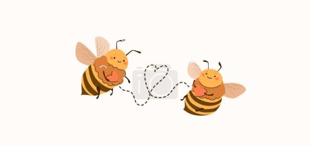Illustration for Two cartoon cute bees flying to meet each other along the way in the shape of a heart. Bumble holding a heart in its hands. Vector illustration bumble bee fall in love. - Royalty Free Image