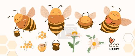 Téléchargez les illustrations : Miel d'abeille set vectoriel illustration. Mignon personnage d'abeille de dessin animé isolé sur fond blanc. Insecte souriant amusant et heureux tenant du miel, coeur. Design moderne de dessin animé plat positif pour des bonbons biologiques. - en licence libre de droit