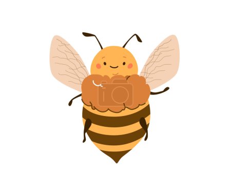 Téléchargez les illustrations : Illustration vectorielle du miel d'abeille. Mignon personnage d'abeille de dessin animé isolé sur fond blanc. Insecte souriant amusant et heureux. Design moderne de dessin animé plat positif pour des bonbons biologiques. - en licence libre de droit
