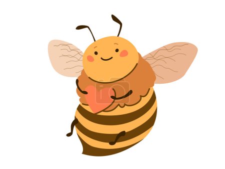 Illustration for Bee honey vector illustration. Cute cartoon bee character isolated on white background. Fun and happy smiling insect holding heart. Positive flat cartoon modern design for organic sweets. - Royalty Free Image