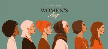 Illustration for Women of different race look at side, profile face, vector illustration. Modern feminine concept background for international womens day, month, 8 march. Female empowerment movement, equality, unity. - Royalty Free Image