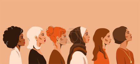 Illustration for Women of different race look at side, profile face, vector illustration. Modern feminine concept background for international womens day, month, 8 march. Female empowerment movement, equality, unity. - Royalty Free Image