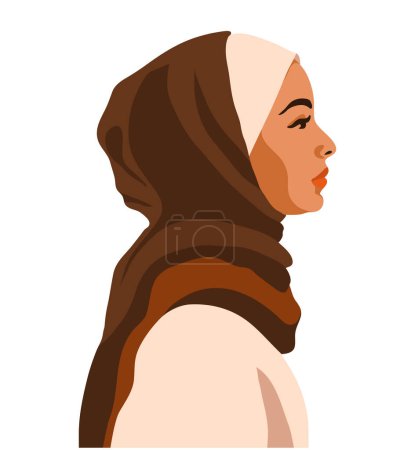 Illustration for Muslim arab woman profile with hijab, female face vector illustration. People design in simple modern flat cartoon style isolated on white background. - Royalty Free Image