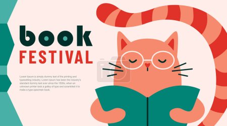 Illustration for Book festival vector illustration background. Red cat wearing glasses with big striped tail, holding open book and reading. Poster for education, culture day, library, reading or literature event. - Royalty Free Image