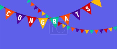 Illustration for Congrats illustration with big white letters on flag garland on blue sky. Congratulations graduates vector background. Graduation design in fun flat modern style for celebrate grad. - Royalty Free Image