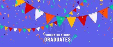 Illustration for Congratulations graduates vector background. Congrats illustration with flag garland, confetti, ribbon, serpentine on blue sky. Graduation design in fun flat modern style for celebrate grad. - Royalty Free Image