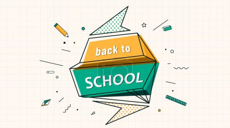 Illustration for Back to school banner vector background. Education concept with design shape elements in explosion, on grid paper page. Welcome back to study illustration in retro modern geometric style. - Royalty Free Image