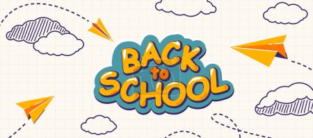 Illustration for School notebook vector background. Flying yellow paper planes with dash track, linear clouds with striped structure, text greeting sign. Back to school illustration on grid sheet. - Royalty Free Image
