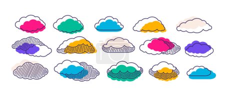 Vivid clouds set with lines, striped structures. Unique vibrant cloud for whimsical cute sky design, vector illustration.