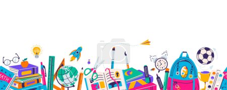 Illustration for School supplies vector illustration. Horizontal banner, back to school tools. Stationery design, pen pencil, book, backpack on seamless border frame background. Isolated on white, copy space. - Royalty Free Image