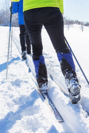 Téléchargez les photos : Un couple de skis de fond dans la neige fraîche au Canada - en image libre de droit