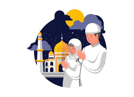 Téléchargez les illustrations : Illustration de dessins plats d'enfants priant sous le croissant de lune au Ramadan - en licence libre de droit