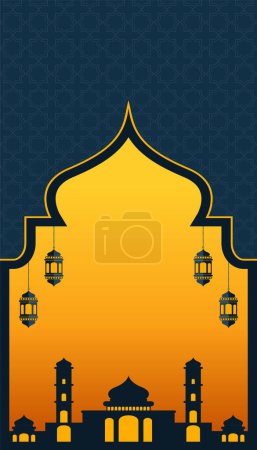 Ilustración de Plantilla de historia de Ramadán en redes sociales con mezquita en color naranja degradado y azul oscuro - Imagen libre de derechos