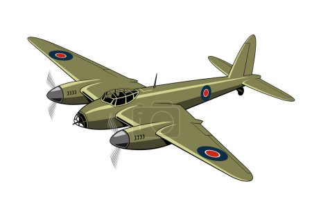 Mosquito Light Bomber, Fighter (1940). Aviones de la Segunda Guerra Mundial. Avión Vintage. Clipart vectorial aislado en blanco.