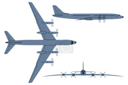 Illustration for Turboprop Airliner (1957). Top, Side, Front View. Vintage airplane. Vector clipart isolated on white. - Royalty Free Image