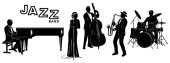 Jazz Band Silhouettes Set. Pianist, Singer, Double Bassist, Saxophonist, Drummer. Vector cliparts. Stickers #653007974