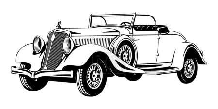 Ilustración de Vintage Car Cabriolet de 20 años. Clipart vectorial blanco y negro aislado en blanco. - Imagen libre de derechos