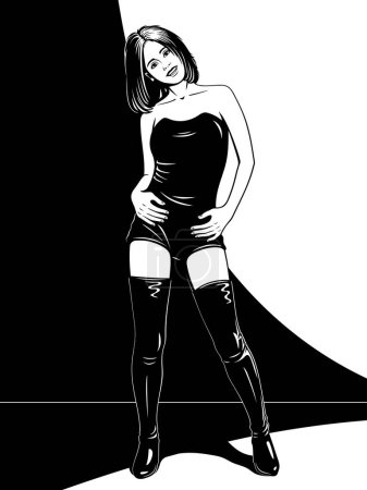 Téléchargez les illustrations : Jeune danseuse club en cuir posant. Illustration vectorielle noir et blanc. - en licence libre de droit