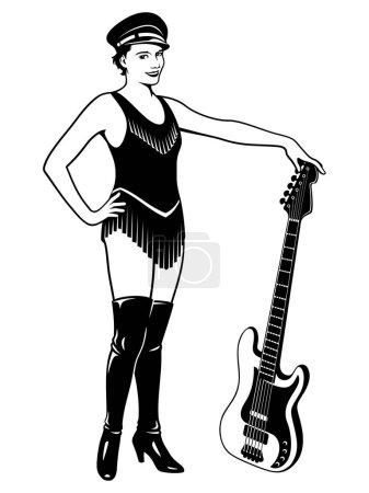 Pinup girl Poser avec guitare électrique. Femme guitariste rock. Clipart vectoriel noir et blanc isolé sur blanc.